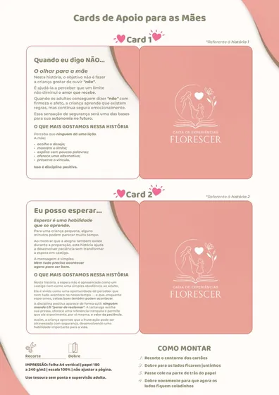 Folha impressa dos Cards de Apoio para as Mães
